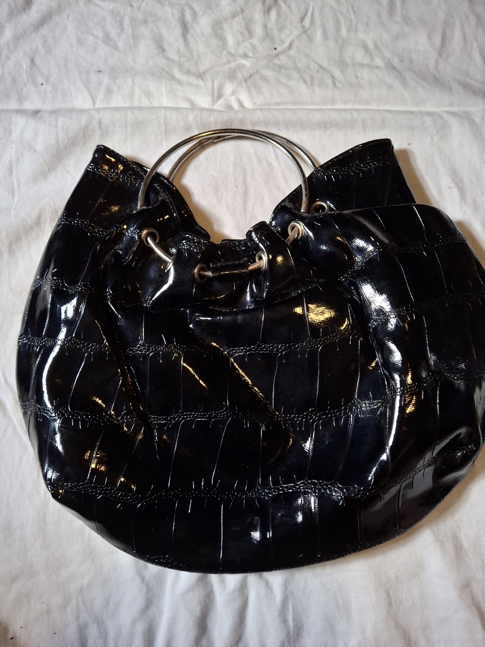 Black Patent Croc Embossed Ring Handle Hobo Handbag